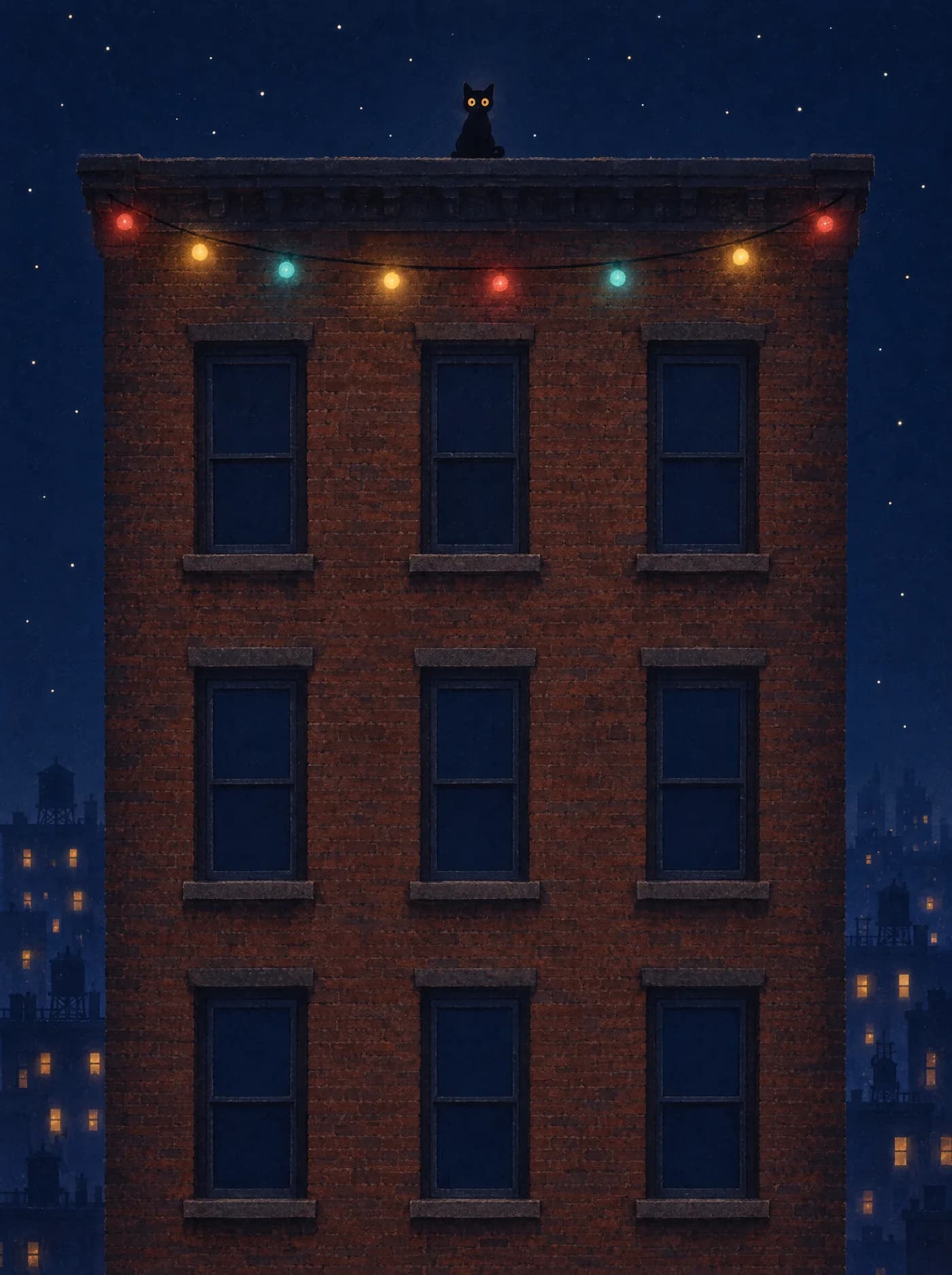 An apartment building with nine windows; Catori sits on the roof.