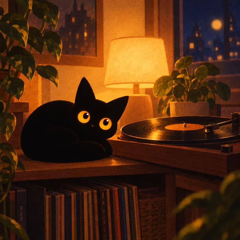 Catori curled up next to a record player