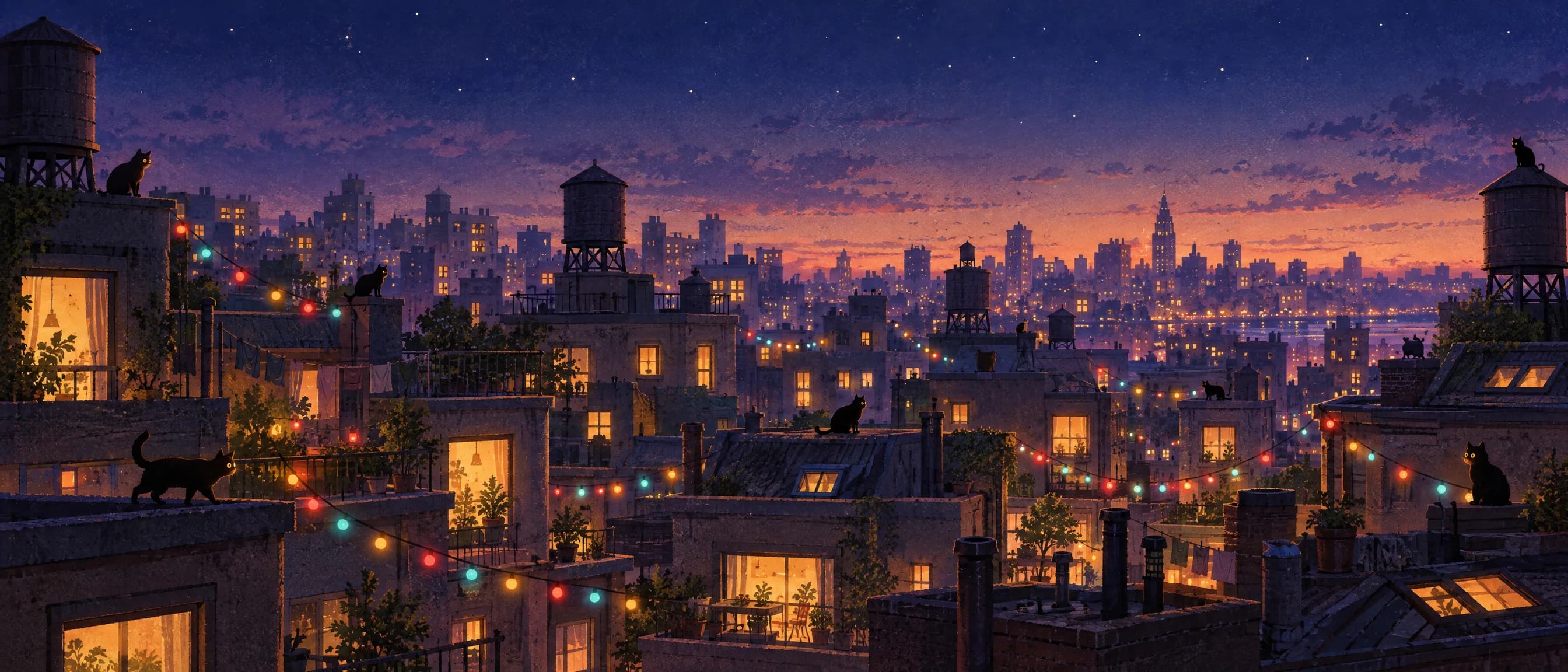 City rooftops at dusk with black cats sitting on ledges and water towers.